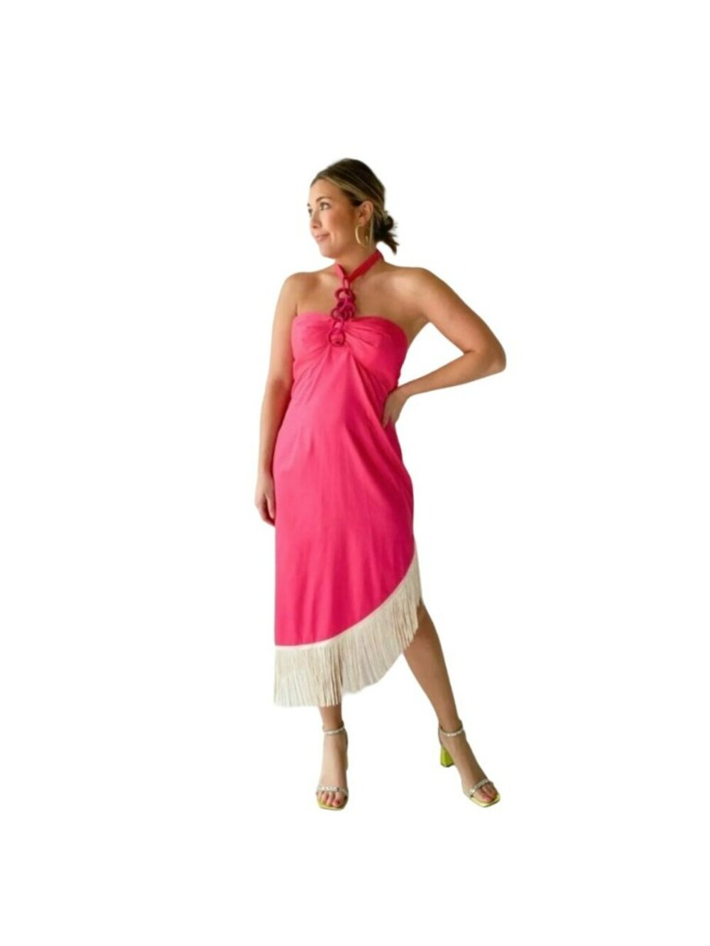 Alden Adair Shoshana Fringe Halter Tie Back Ring Dress Begonia Size Small
